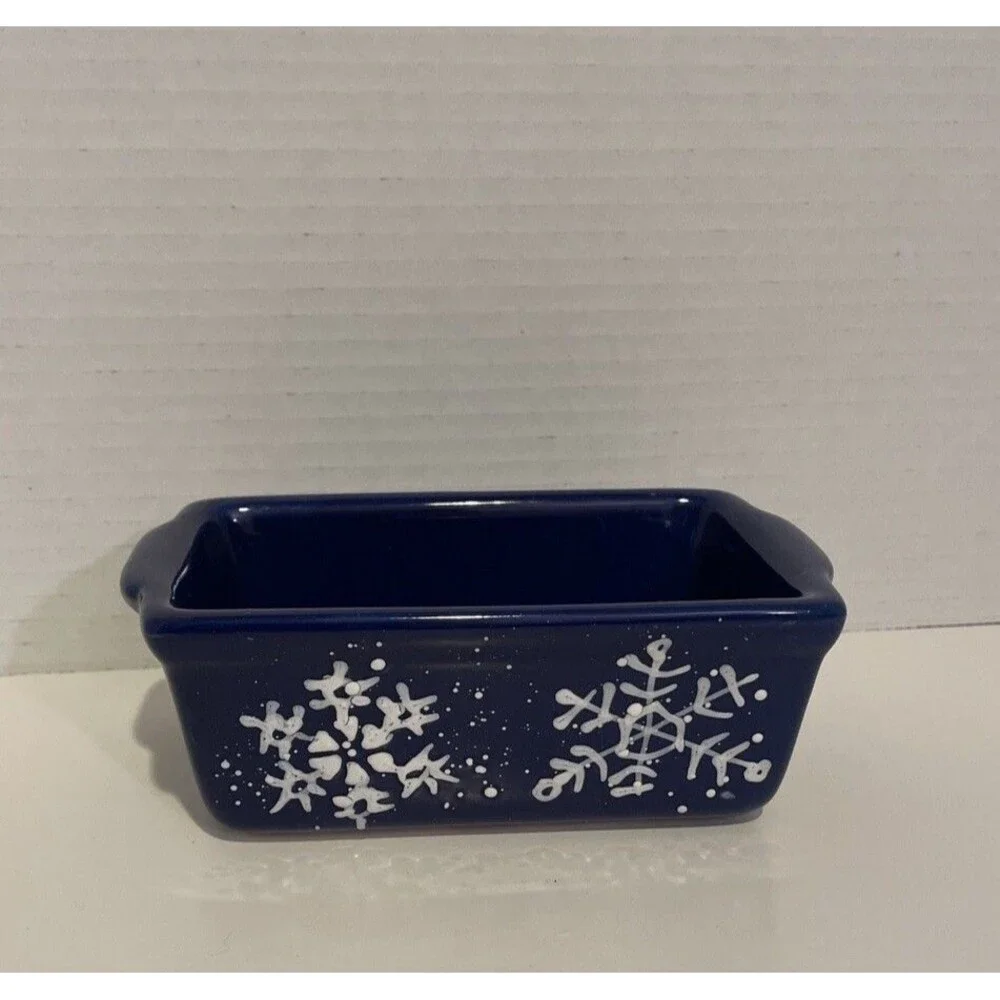 NANTUCKET Stoneware Ceramic LOAF PAN Bread Baking Mini Blue Snowflake ❄️ 6x4 🎁